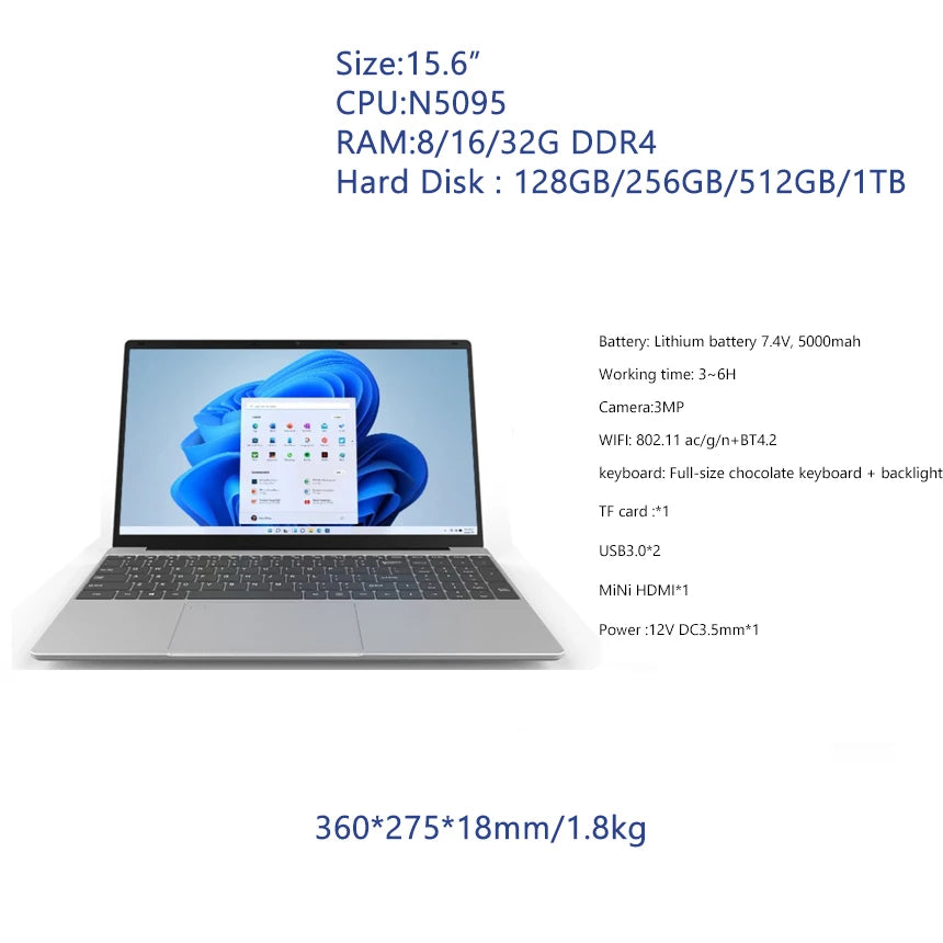 2025 New Best-Selling 15.6'' Business Laptop Slim Design High Performance Factory Direct Price 8GB RAM 1TB SSD English Keyboard