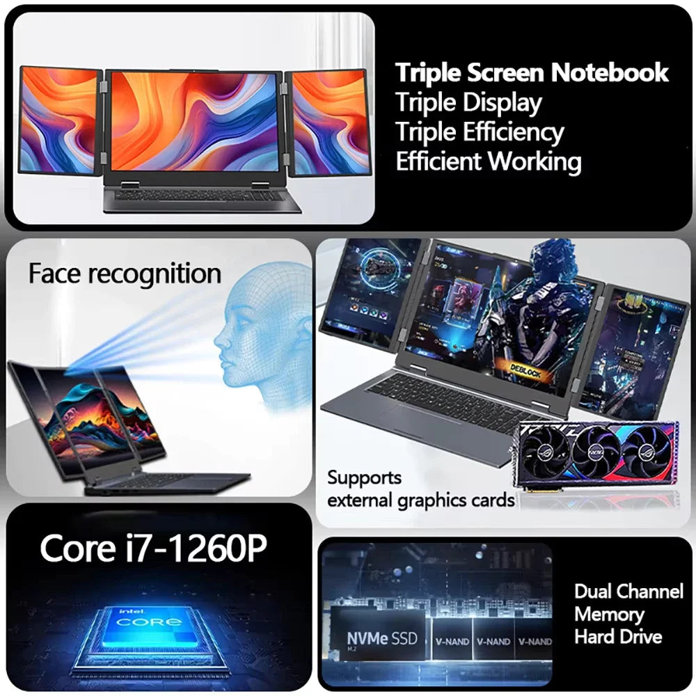 12th Gen Intel I7 Triple Screen Gaming Laptop 16+10.5+10.5 Inch New Business Office Computer
