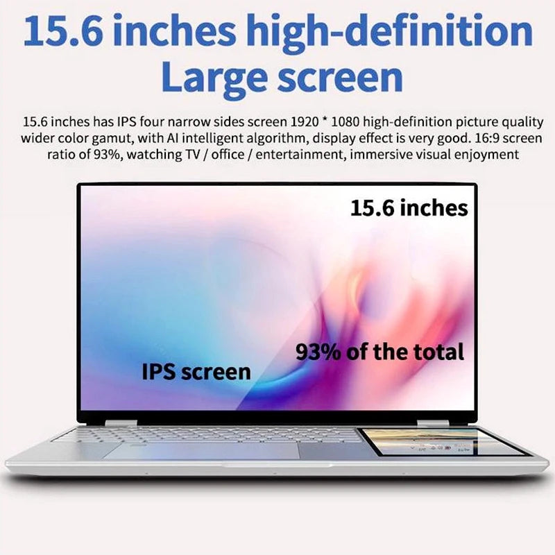 2026 New High Configuration Business Laptop 15.6" + 7" Touch Dual Screen 16GB 1TB SSD Intel Celeron Win 10/11