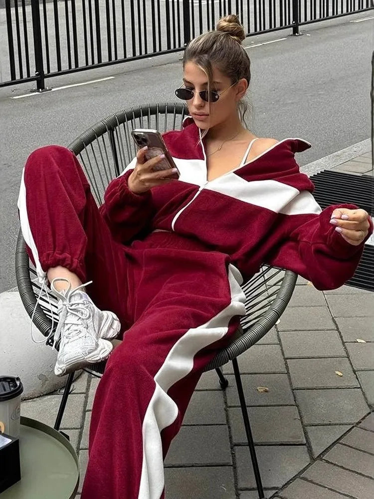 2025 Women's Casual Sport Trousers 2 Piece Set Loose And Fashion Zipper Cardigan Color-blocked Skinny Long Pants Female