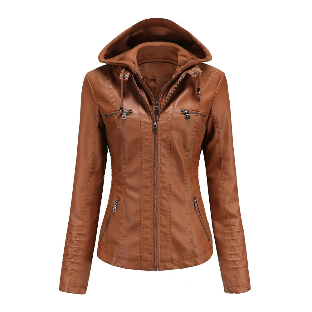 2025 New Hooded Leather Jacket Two-piece Detachable Large Size Leather Jacket for Women Spring and Autumn Coat for Women