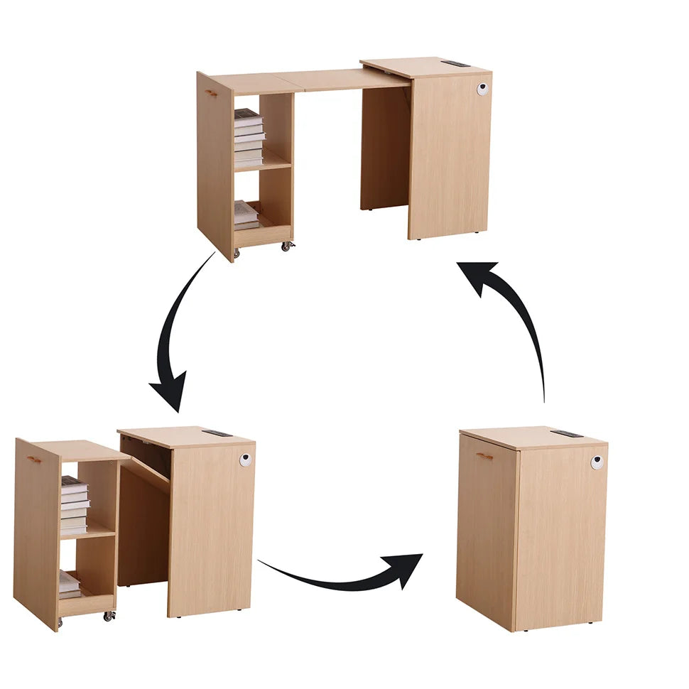 Wooden Home office Desk with Power Outlet, Storage Shelves & Wheels - Extendable Foldable table