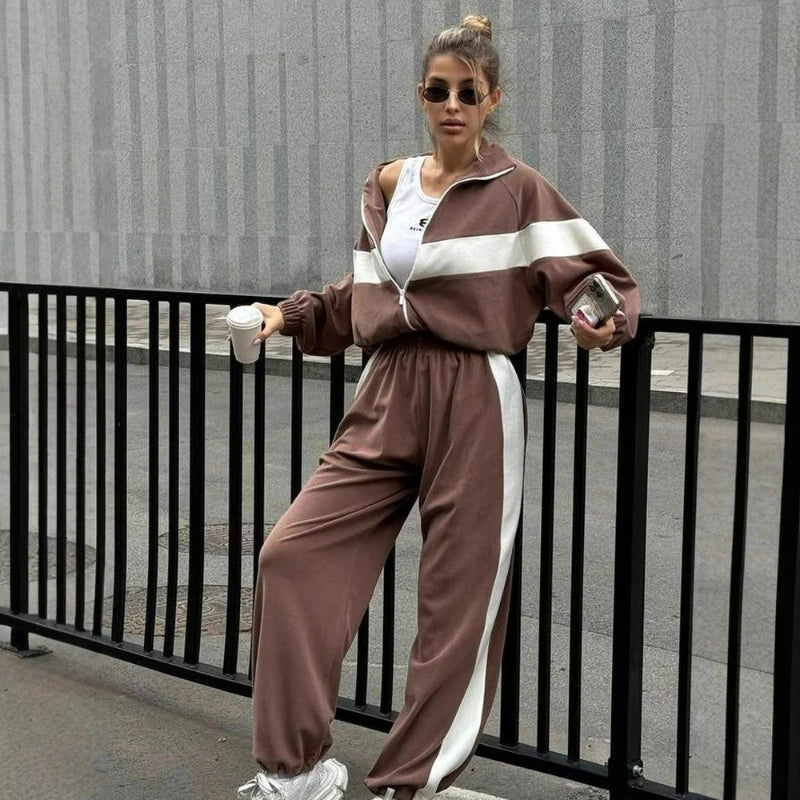 2026 Autumn New Casual Sporty Style Zipper Cardigan Long Pants Two-piece Set Fashion Color-blocking Loose Casual Suit for Women
