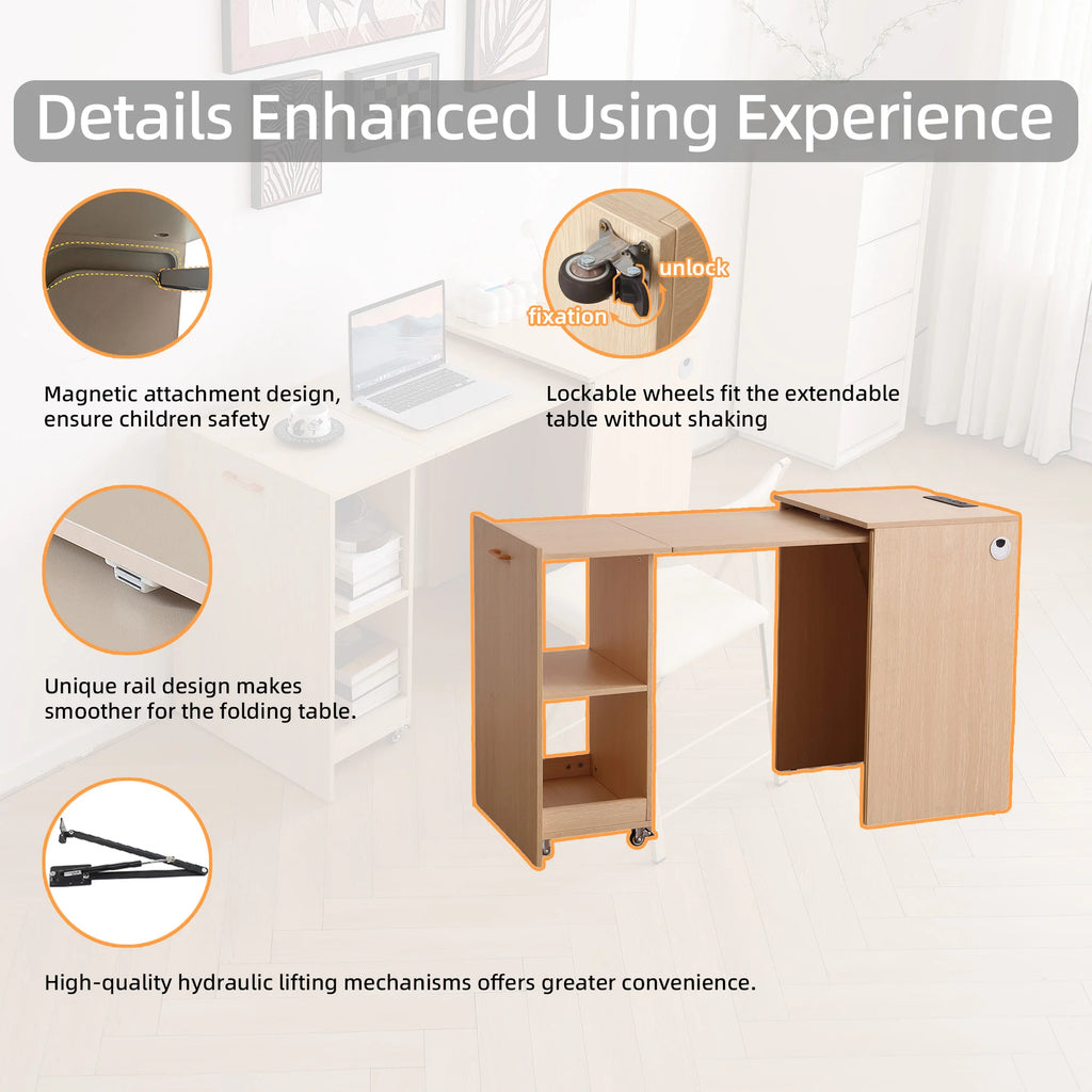 Wooden Home office Desk with Power Outlet, Storage Shelves & Wheels - Extendable Foldable table