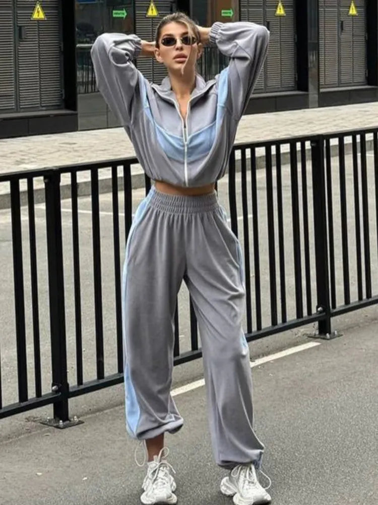 2025 Women's Casual Sport Trousers 2 Piece Set Loose And Fashion Zipper Cardigan Color-blocked Skinny Long Pants Female