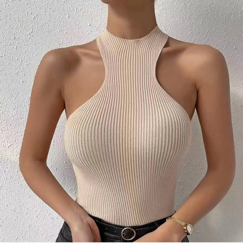 2025 Summer Fashion Women Ribbed Knitted Tops Femme Sexy Slim Sleeveless Crop Tops Solid Clothes Elasticity Cropped Top Mujer