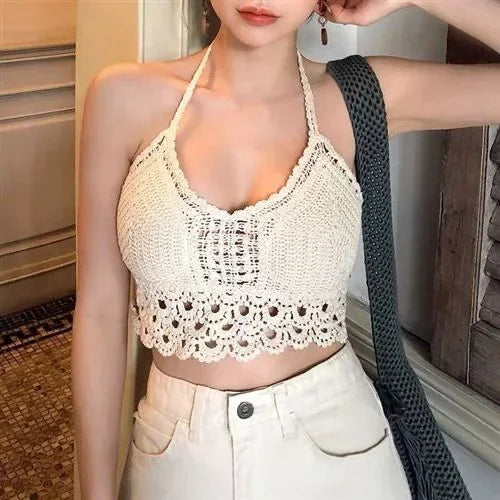 2025 Crop Tops Retro Wild Hollow Perspective Tassel Sexy Spaghetti Strap Tanke Top Women Built In Bra New Back Lace Halter Neck