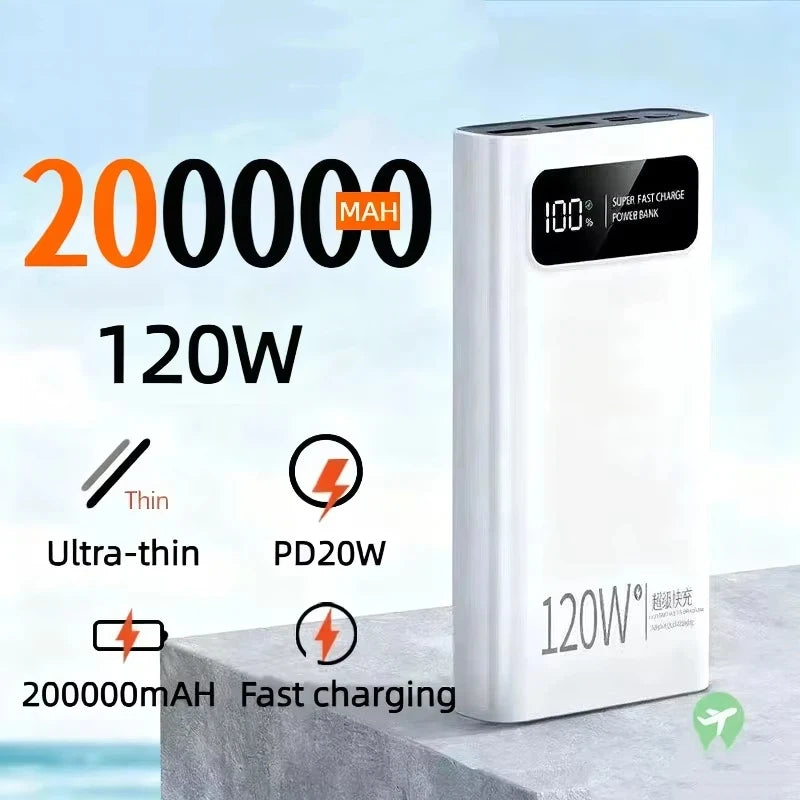 120W Power Bank 200000mAh Ultra Large Capacity intelligent Power Bank Super Charge Portable External Battery LED Display