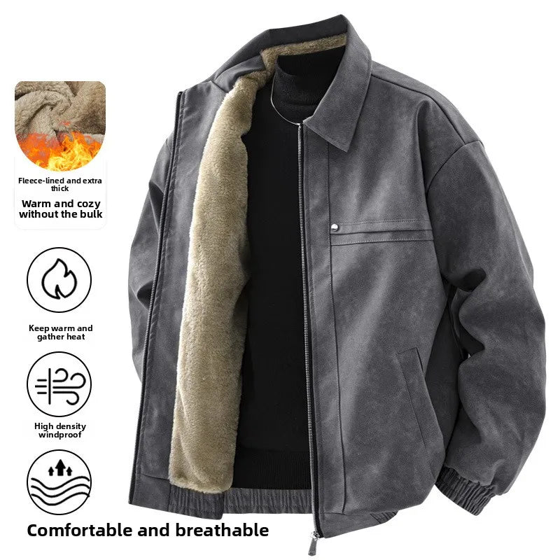 2025 Winter Fleece-Lined American Retro Turn-Down Collar Leather Jacket, Spring and Autumn Fleece-Lined Thickened Jacket