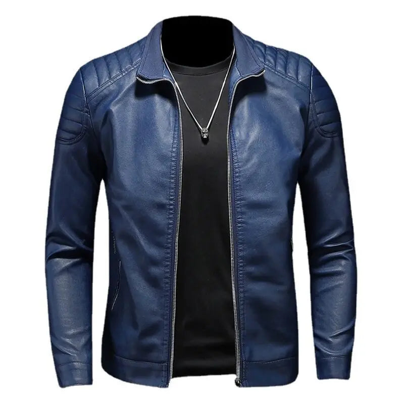 2024 Moto Pu Leather Jacket Men Winter Leahter Jacket Male Stand Collar Casual Windbreaker Trendy Mens Clothing Black Blue
