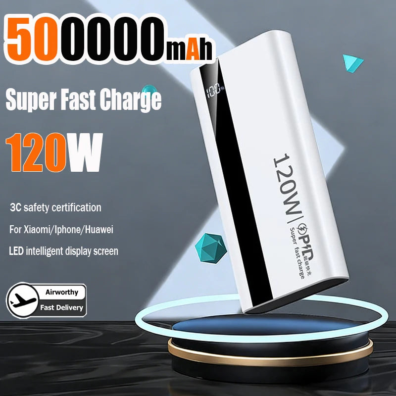 120W Power Bank 500000mAh High Capacity Super Fast Charging Power Bank Portable External Battery Charger For iPhone17 16 Huawei