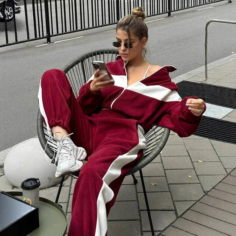 2026 Autumn New Casual Sporty Style Zipper Cardigan Long Pants Two-piece Set Fashion Color-blocking Loose Casual Suit for Women