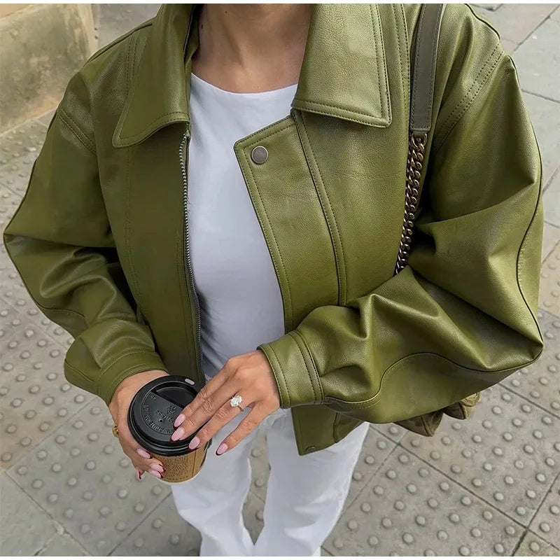 2025 Fall Winter Women's Faux Leather Jacket Edgy Street Style Vintage Olive Green Notched Lapel Coat Retro Urban Outerwear