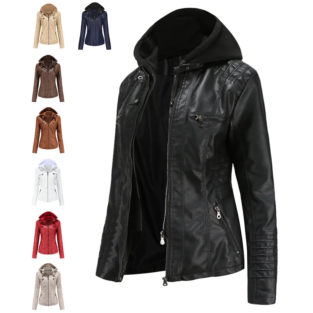 2025 New Hooded Leather Jacket Two-piece Detachable Large Size Leather Jacket for Women Spring and Autumn Coat for Women