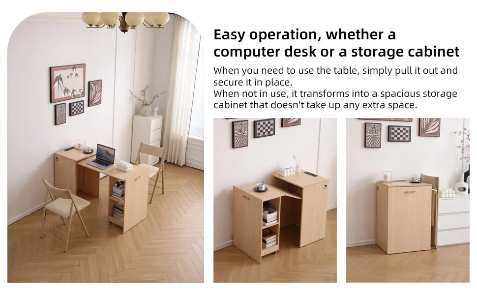 Wooden Home office Desk with Power Outlet, Storage Shelves & Wheels - Extendable Foldable table
