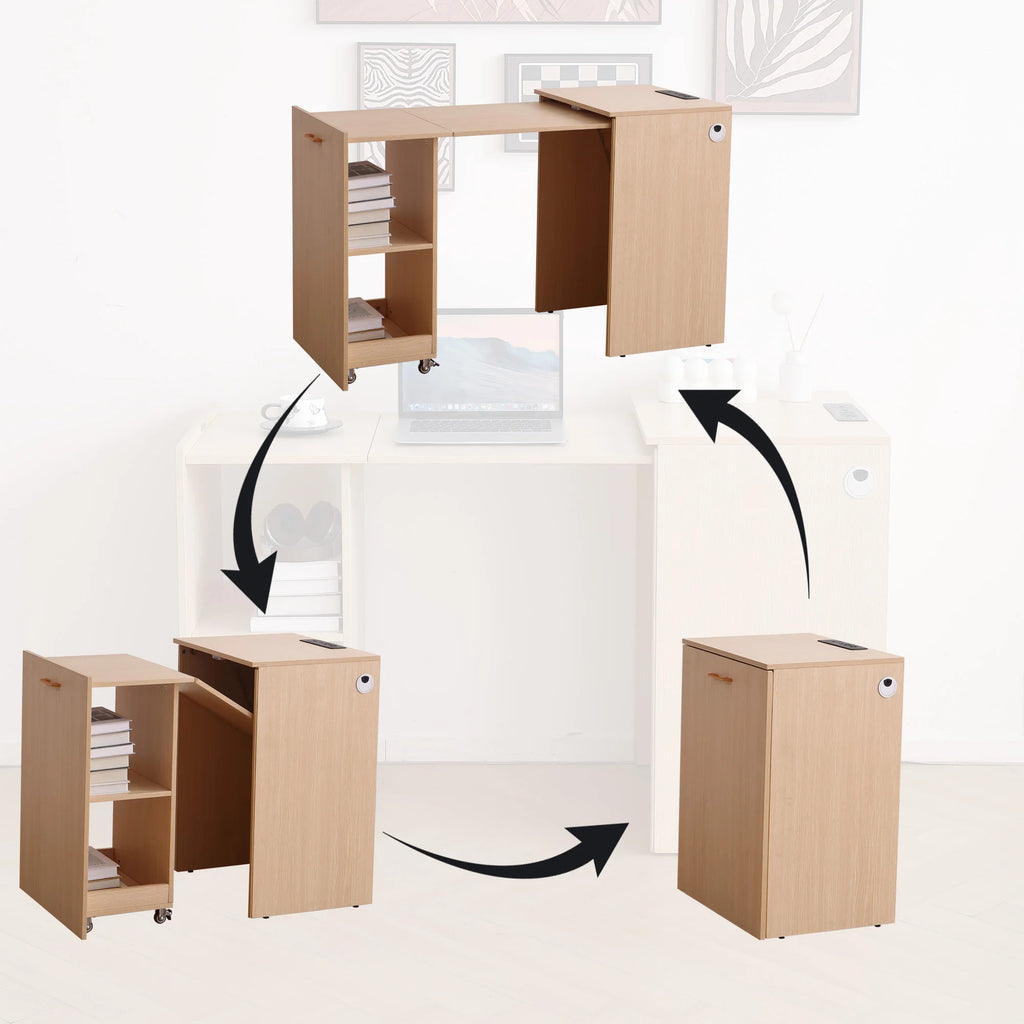 Wooden Home office Desk with Power Outlet, Storage Shelves & Wheels - Extendable Foldable table