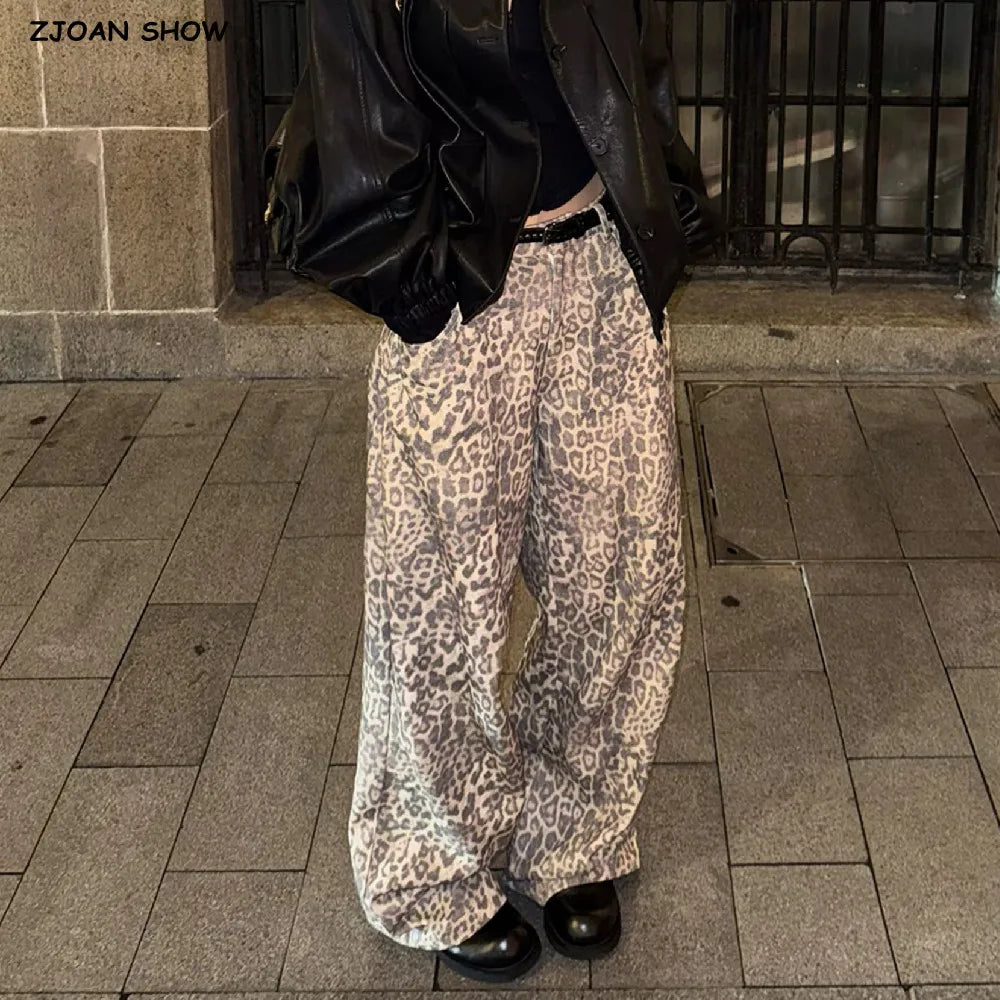 2025 Autumn Baggy Washing Animal Leopard Straight Wide Leg Jeans American Retro Women Loose Denim Pants Floor Length Trousers