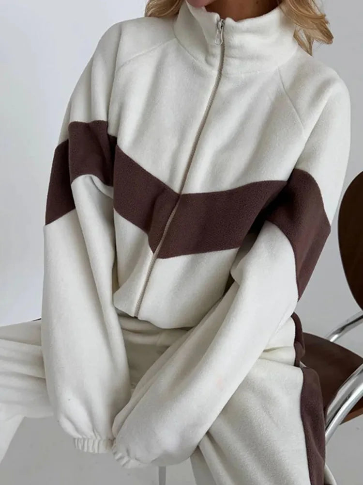 2026 New Fashion Printed Zipper Jacket + Wide Leg Pants Two-piece Spring Casual Loose Lapel Top And Pants Suit For Women