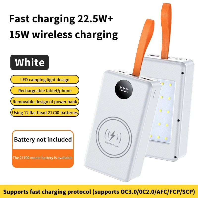 1Pc 12*21700 DIY Power Bank Case, 22.5W Fast Charge + 15W Wireless Charging, Dual USB/Type-C Output with LED Indicator Light