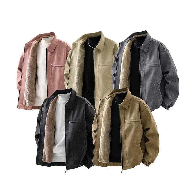 2025 Winter Fleece-Lined American Retro Turn-Down Collar Leather Jacket, Spring and Autumn Fleece-Lined Thickened Jacket