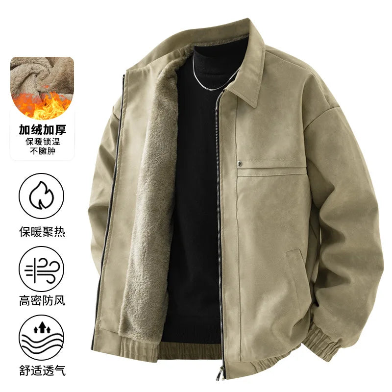2025 Winter Fleece-Lined American Retro Turn-Down Collar Leather Jacket, Spring and Autumn Fleece-Lined Thickened Jacket