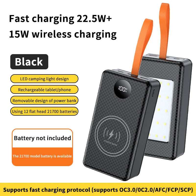 1Pc 12*21700 DIY Power Bank Case, 22.5W Fast Charge + 15W Wireless Charging, Dual USB/Type-C Output with LED Indicator Light