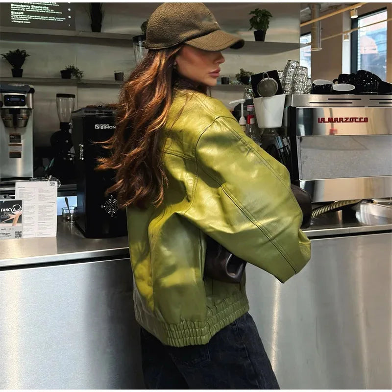 2025 Fall Winter Women's Faux Leather Jacket Edgy Street Style Vintage Olive Green Notched Lapel Coat Retro Urban Outerwear