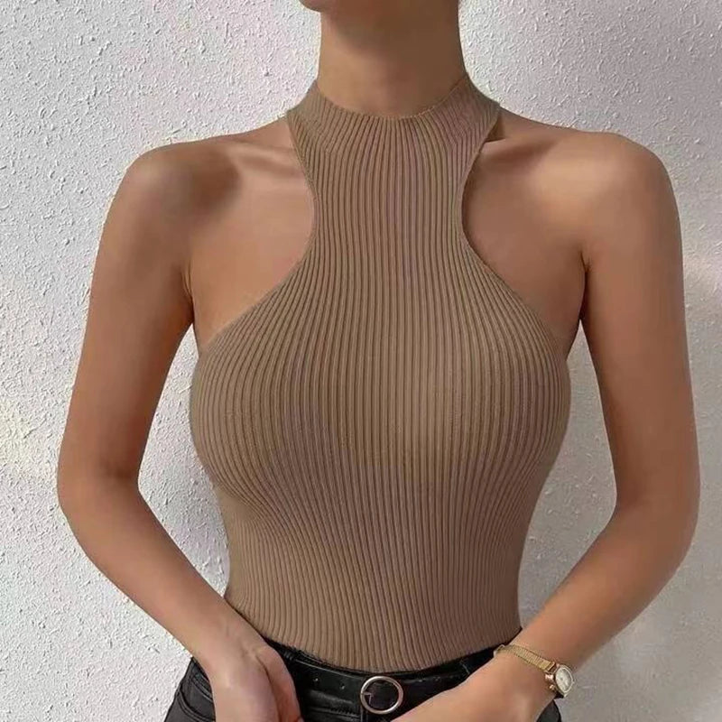 2025 Summer Fashion Women Ribbed Knitted Tops Femme Sexy Slim Sleeveless Crop Tops Solid Clothes Elasticity Cropped Top Mujer