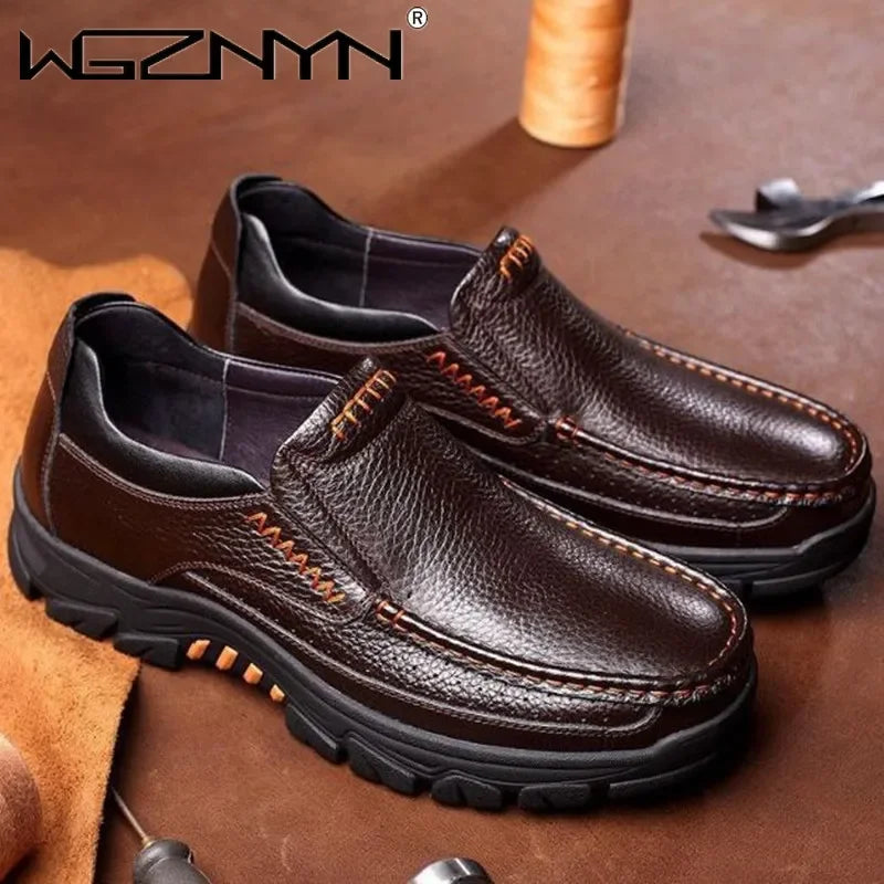 2025 New Handmade Genuine Leather Shoes 48 Men Loafers Soft Leather Men Thick Sole Casual Shoe Male Footwear Black Brown Slip-on