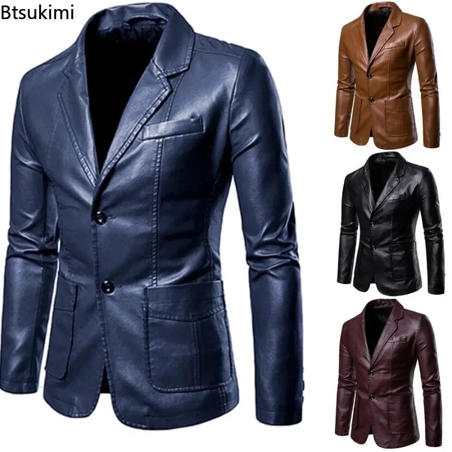 2026 Men's Leather Suits Jackets Blazers Slim Fashion Male PU Leather Overcoats Blazers Jackets Coats Oversized Leather Jacket