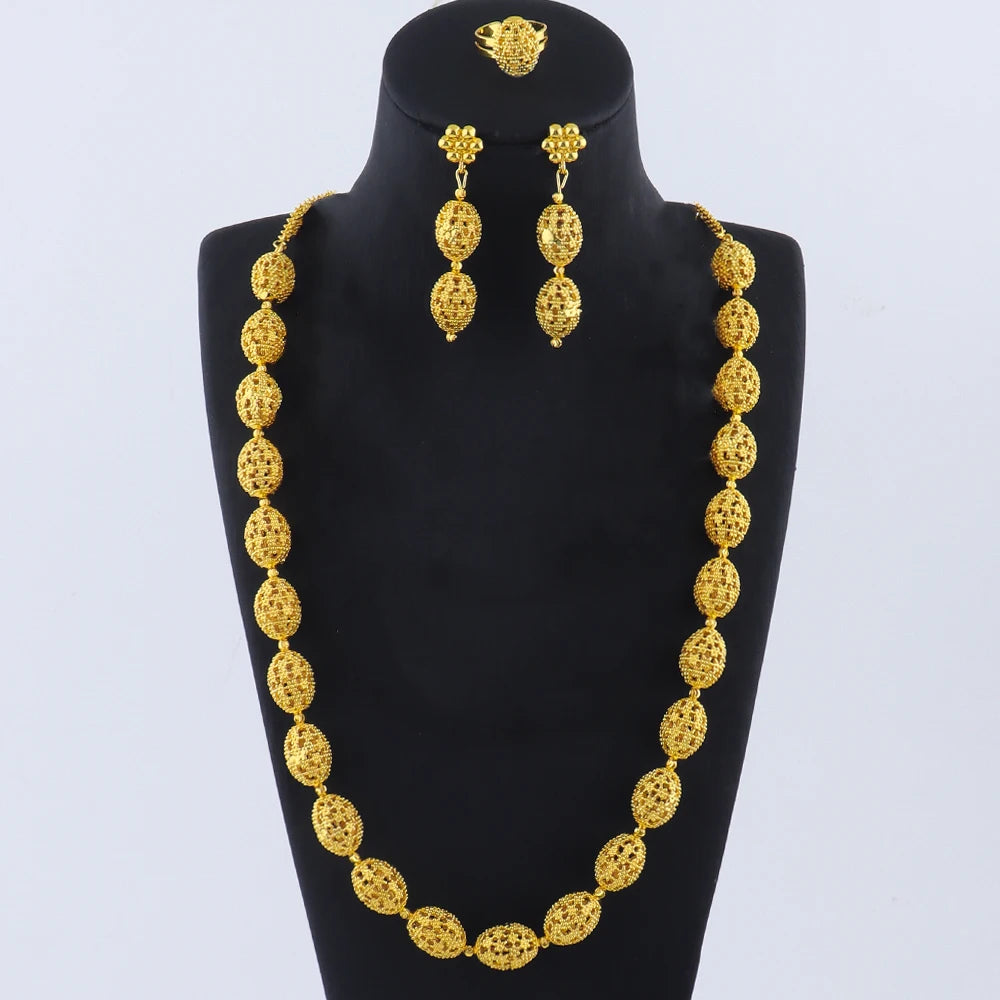women  jewelry set indian arabic african ethiopian golden color jewelry set Hollow Out Oval Necklace Earrings Ring free shipping