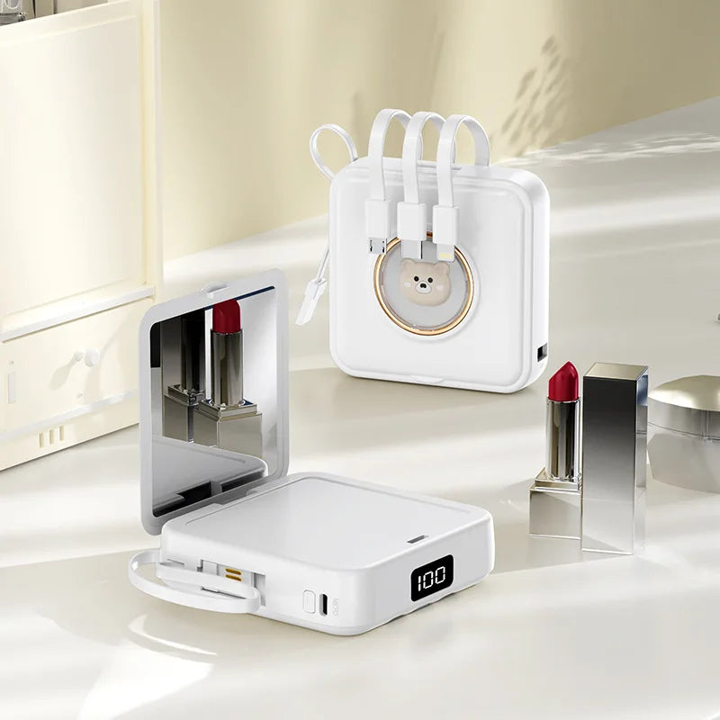 20000mAh 10000mAh 5000mAh Lightweight Power Bank with Built-in Four Wire Makeup Mirror Large Capacity and Cute Cartoon Design