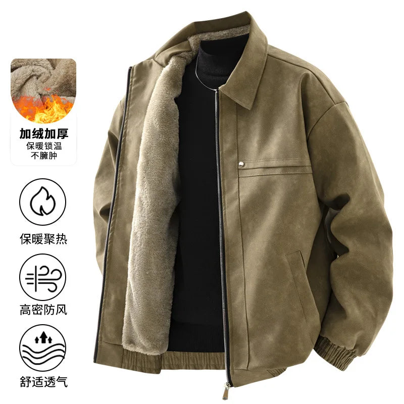 2025 Winter Fleece-Lined American Retro Turn-Down Collar Leather Jacket, Spring and Autumn Fleece-Lined Thickened Jacket