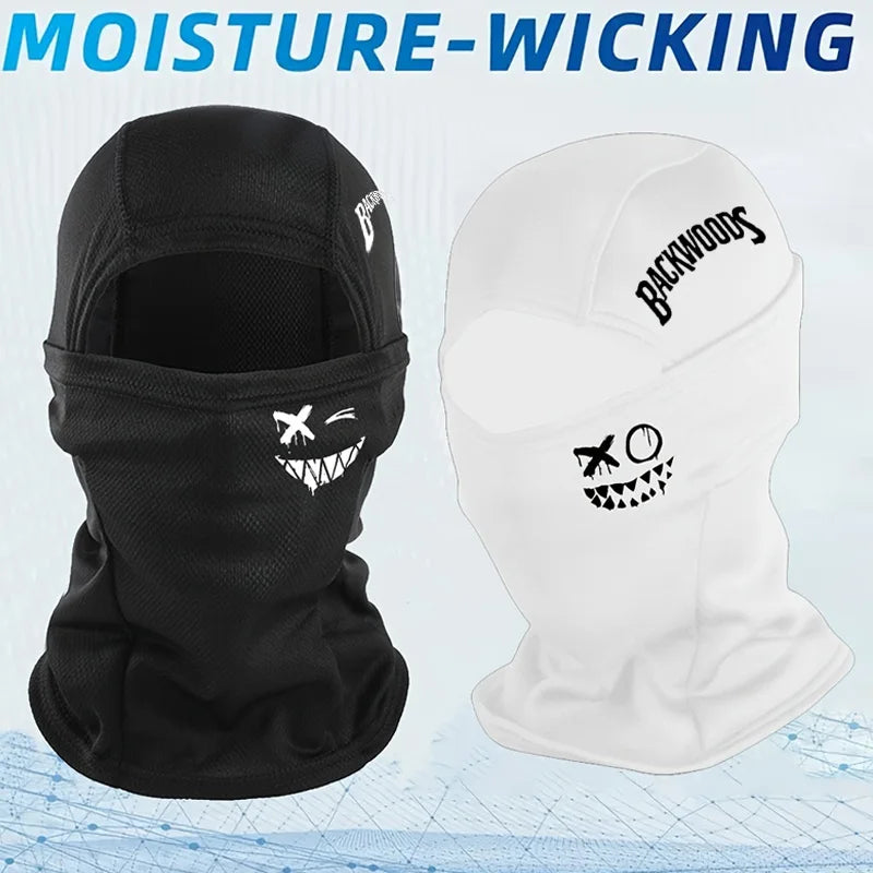 "BACKWOODS" letter and smiling face Balaclava cap full face mask, suitable for outdoor sports