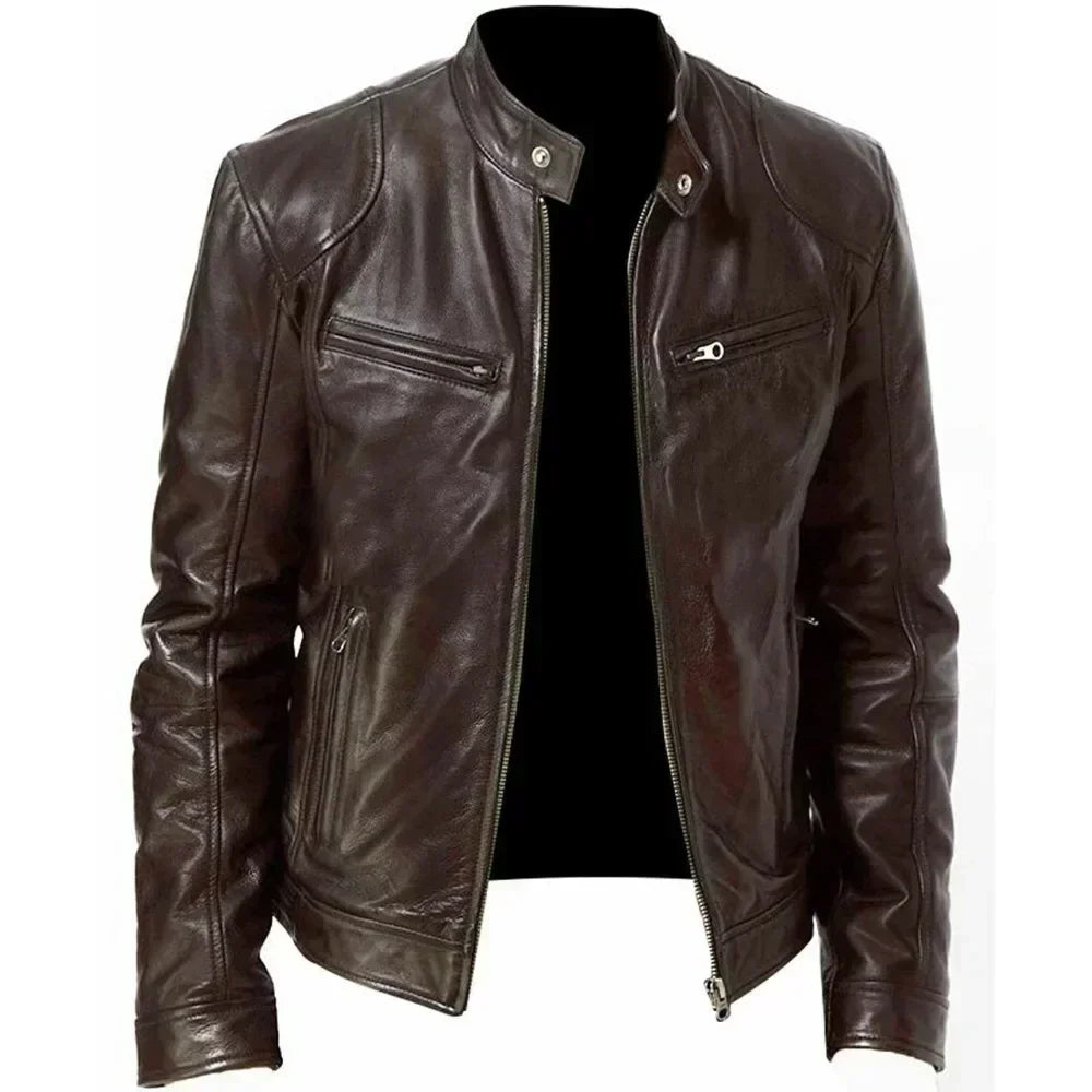 2025 Leather Motorcycle Jacket Men Stand Collar Casual Slim Short-Coat PU Jacket Autumn Winter Windproof Leather Coat Blazer Men