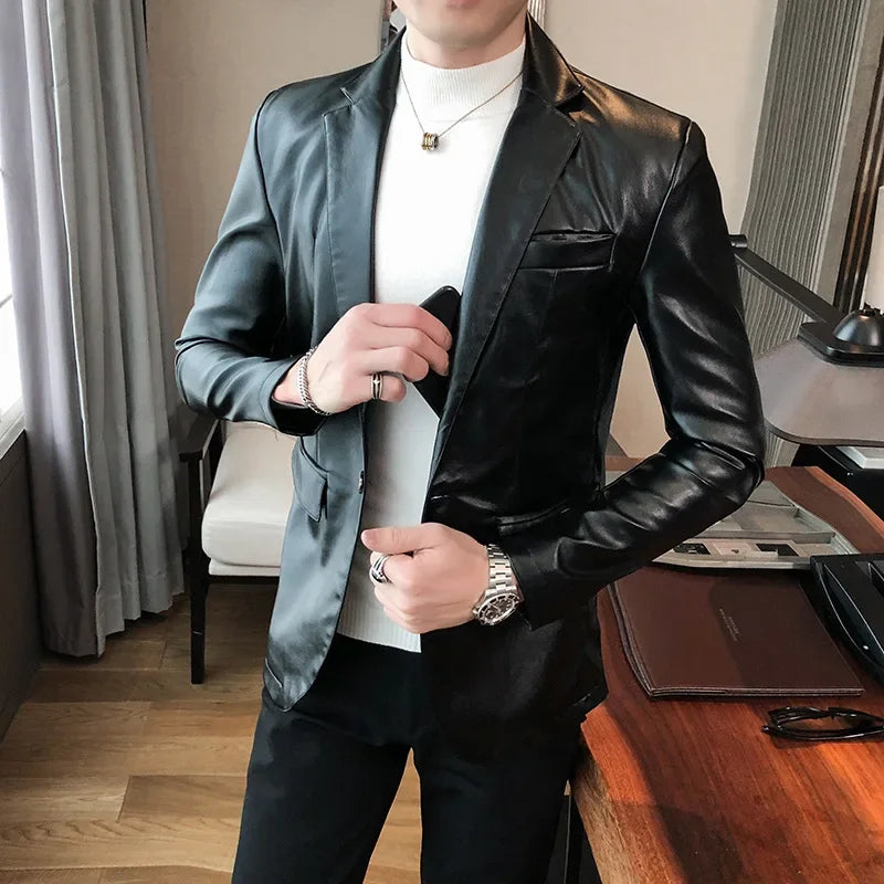 2023 Autumn Leather Jacket Men Slim fit Casual Business Blazer Masculino Solid Color Street Wear Social PU Coat Costume Homme