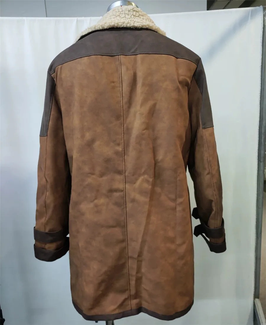 2026 New Men's Retro PU Leather Outdoor Long Jacket Autumn Winter Fleece Overcoat Casual Cowboy Outerwear Brown Patchwork Coat