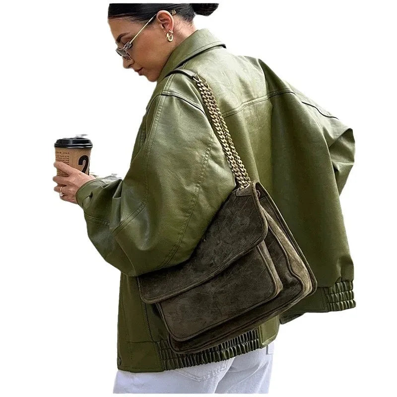 2025 Fall Winter Women's Faux Leather Jacket Edgy Street Style Vintage Olive Green Notched Lapel Coat Retro Urban Outerwear