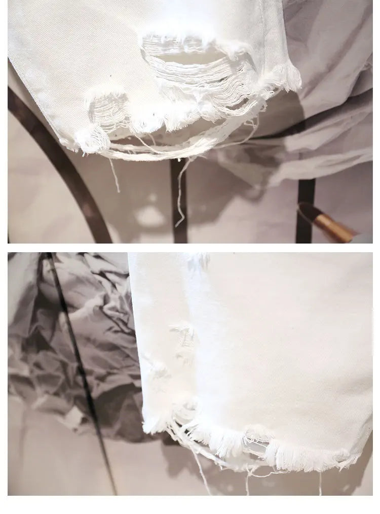 2022 Summer Fashion Cropped Men's Tattered Ripped Shorts Loose Straight Casual White Denim Pants Streetwear Men Boyfriend Jeans