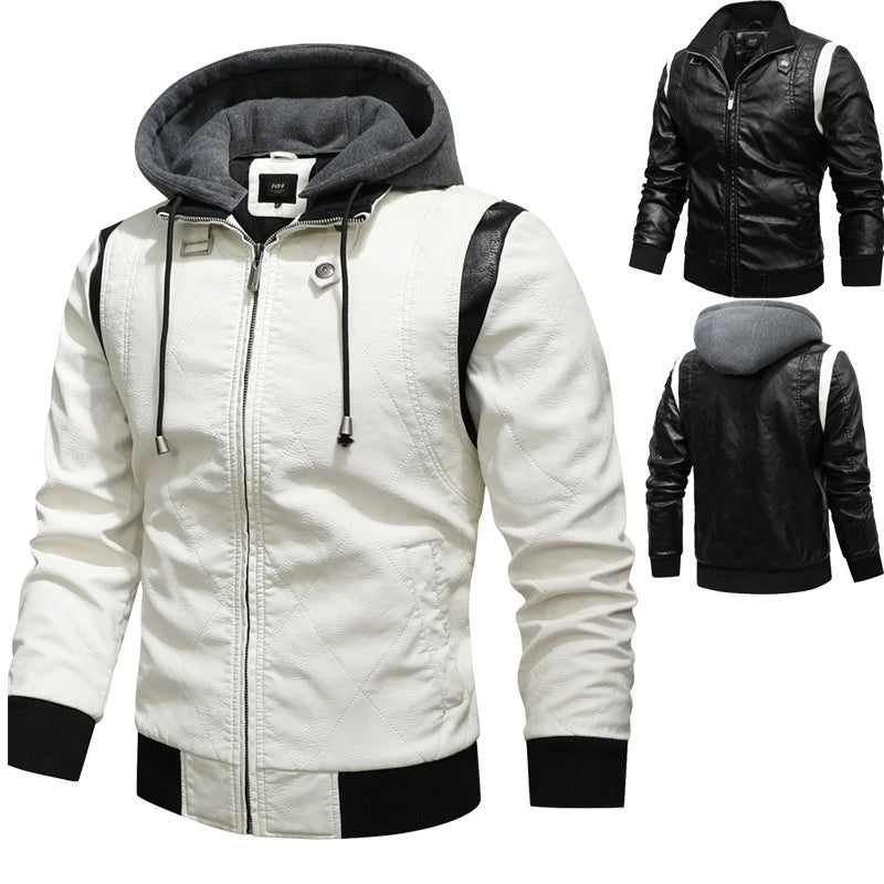 2025 New Men's Leather Jacket for Man Winter Warm PU Coat with Leather Hood Zippered Motorcycle Biker Jacket Autumn Clothes