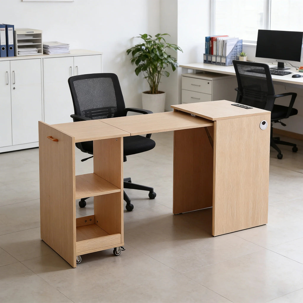 Wooden Home office Desk with Power Outlet, Storage Shelves & Wheels - Extendable Foldable table