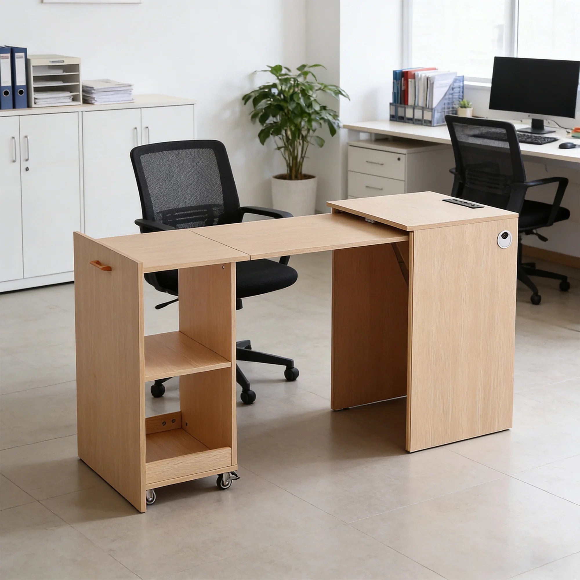 Wooden Home office Desk with Power Outlet, Storage Shelves & Wheels - Extendable Foldable table
