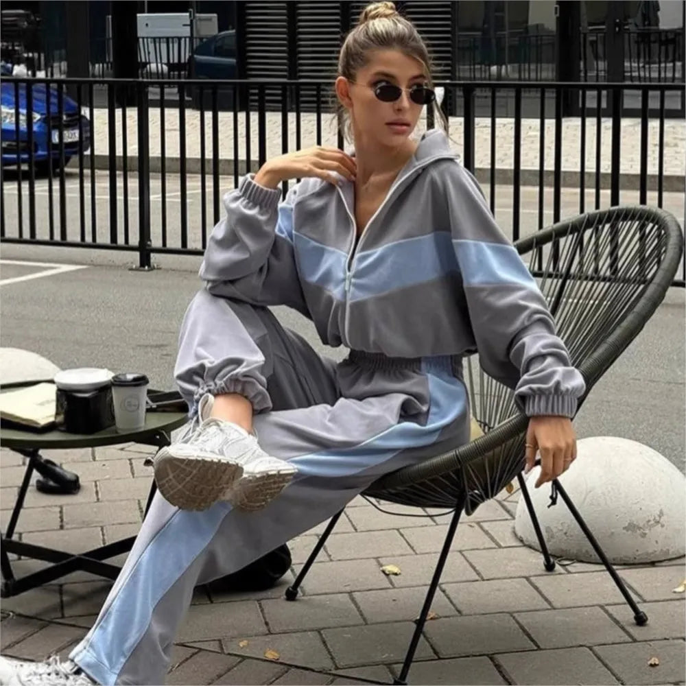 2025 Women's Casual Sport Trousers 2 Piece Set Loose And Fashion Zipper Cardigan Color-blocked Skinny Long Pants Female