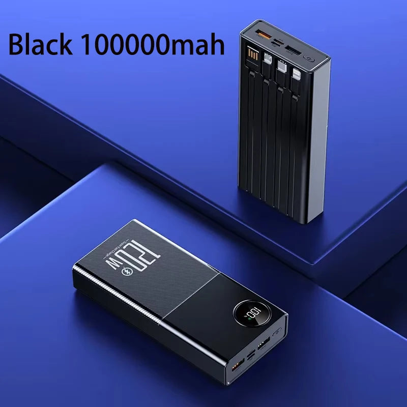 200000mAh 120W Power Bank Large Capacity Super Fast Charge Portable Power Bank With 4 Charging Cables LED Digital Display New