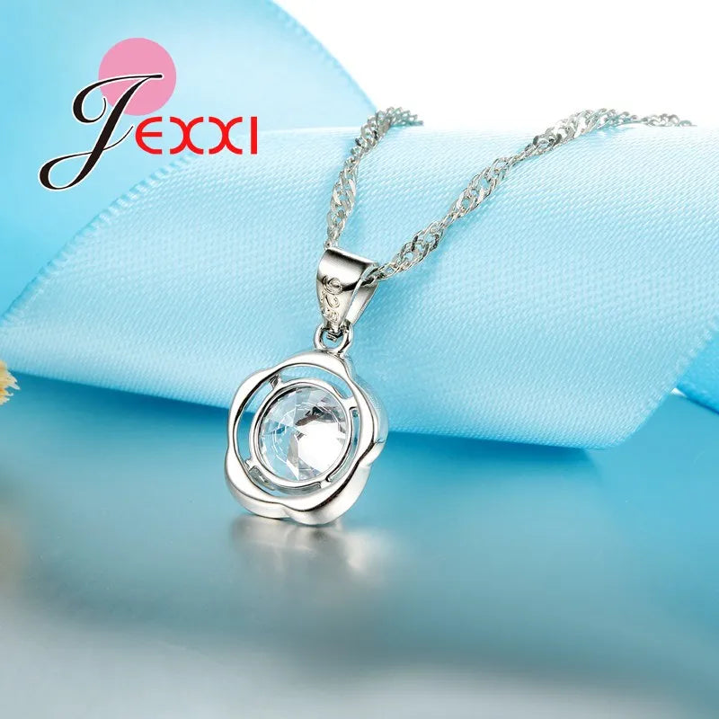 Silver Jewelry Set For Women  Fashion Element Austrian Crystal Pendant Necklaces Hoop Earrings Bridal Jewellery Sets