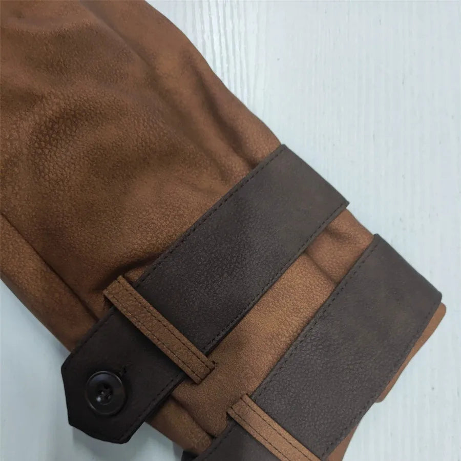2026 New Men's Retro PU Leather Outdoor Long Jacket Autumn Winter Fleece Overcoat Casual Cowboy Outerwear Brown Patchwork Coat