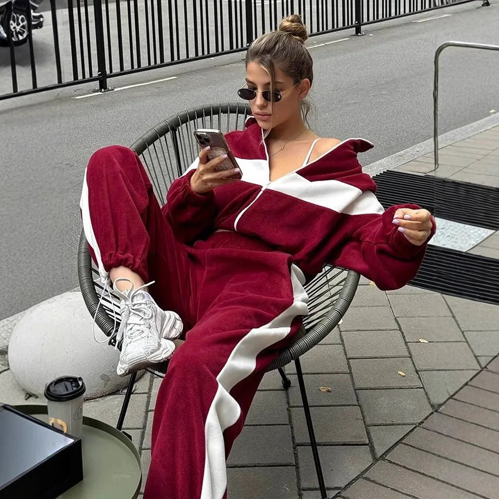 2026 New Fashion Printed Zipper Jacket + Wide Leg Pants Two-piece Spring Casual Loose Lapel Top And Pants Suit For Women