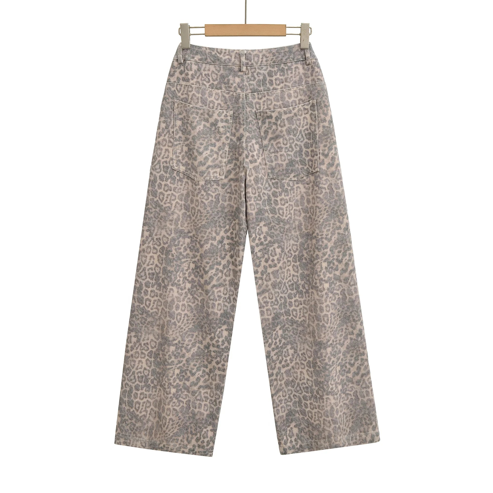 2025 Autumn Baggy Washing Animal Leopard Straight Wide Leg Jeans American Retro Women Loose Denim Pants Floor Length Trousers