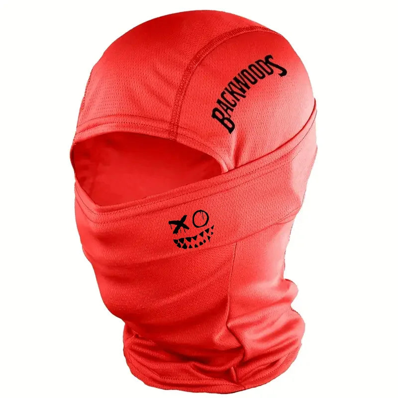 "BACKWOODS" letter and smiling face Balaclava cap full face mask, suitable for outdoor sports