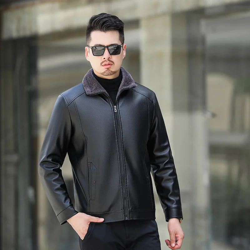 2025 New Leather Jacket Men's Coat Fur One-piece Jacket Winter Plus Velvet Thickened Loose